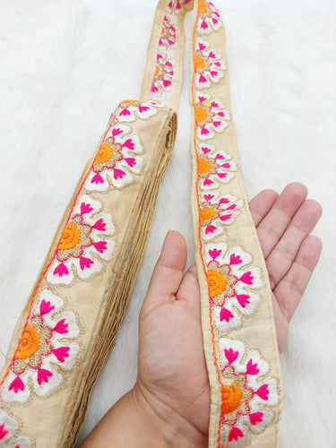 Beige Art Silk Lace Trim in Floral Embroidery, Decorative Trim, Trim By 3 Yards
